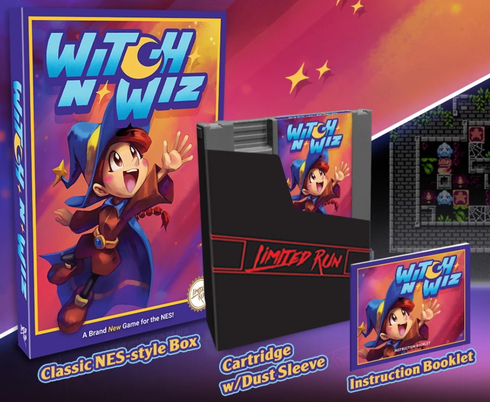 Marketing image shows Witch n' Wiz physical version NES cart.