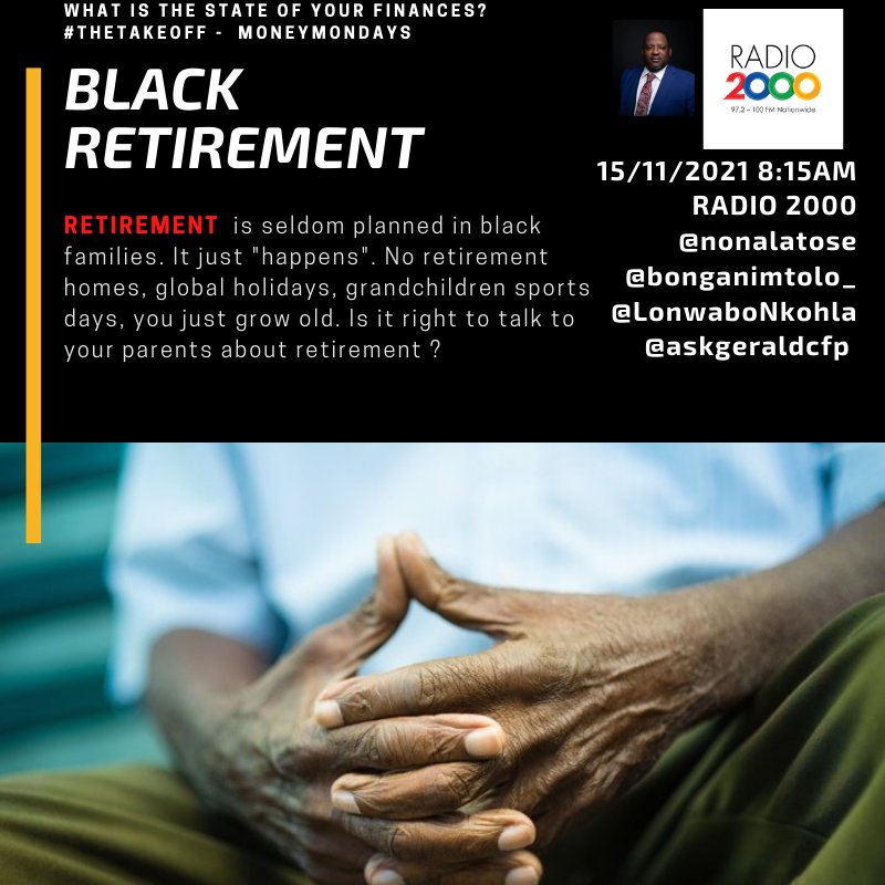Is it disrespectful to challenge or enquire about your parents retirement plans? Is it taboo to discuss your parent's finances. #thetakeoff <a href="/bonganimtolo_/">Bongani Mtolo</a> @NonalaTose @Radio2000ZA @LonwaboNkohla discuss this important topic. 2 million strong family. What say you?