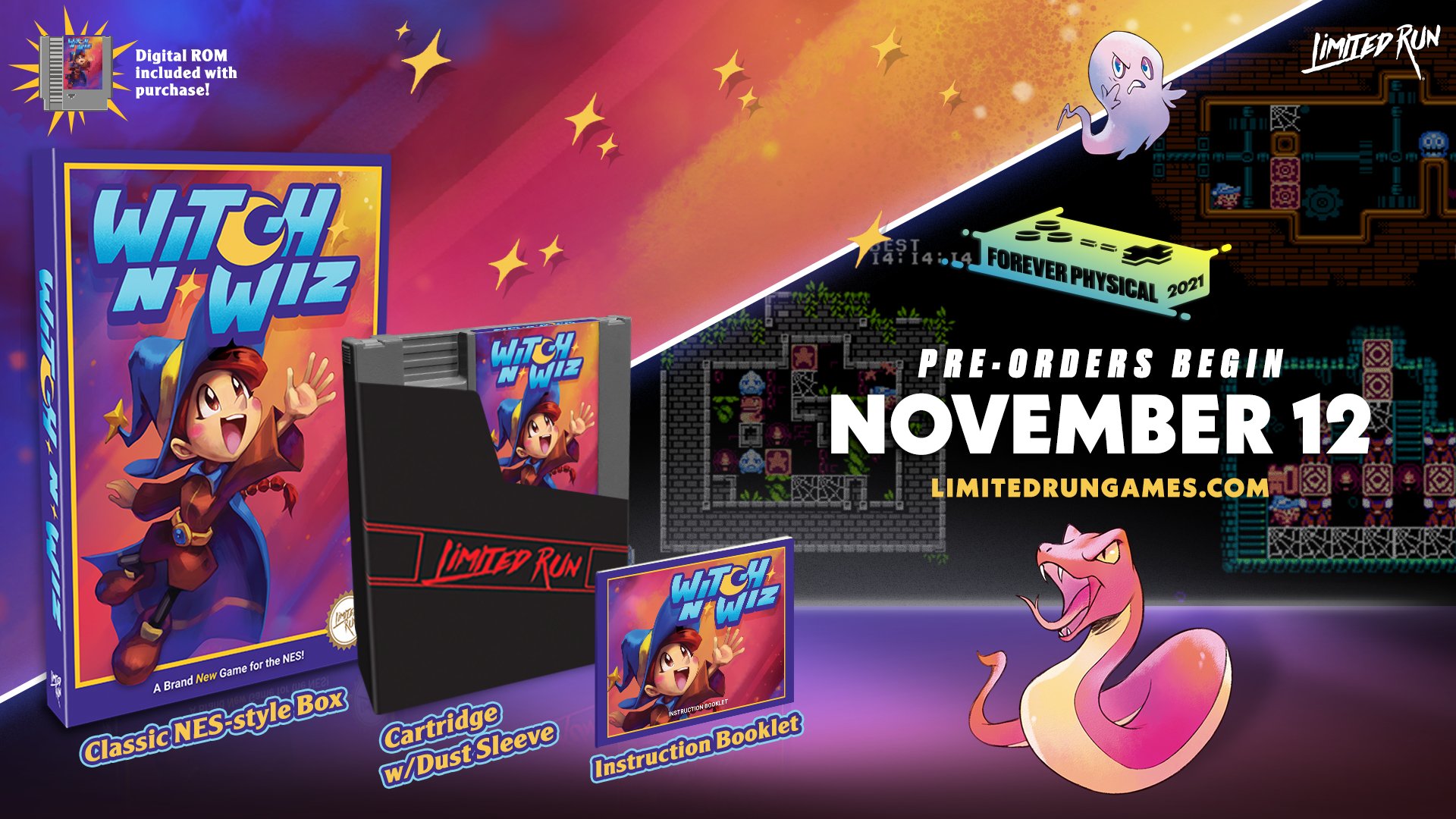 Marketing image shows Witch n' Wiz physical version NES cart and preorders open November 12th at limitedrungames.com.