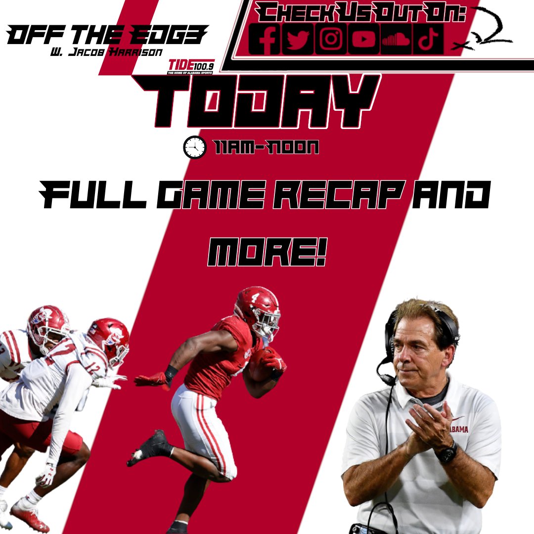 OffTheEdge1009's tweet photo. Good team win for the Crimson Tide!
Join your host, @JHarrisonOTE, as he breaks down
last week's win over New Mexico State and talks more
about this week's matchup against Arkansas! Only on
@Tide1009!

Join the conversation! (205) 342-9904

#AlabamaFootball #SECFootball #RollTide https://t.co/hnDbbLa0Sn