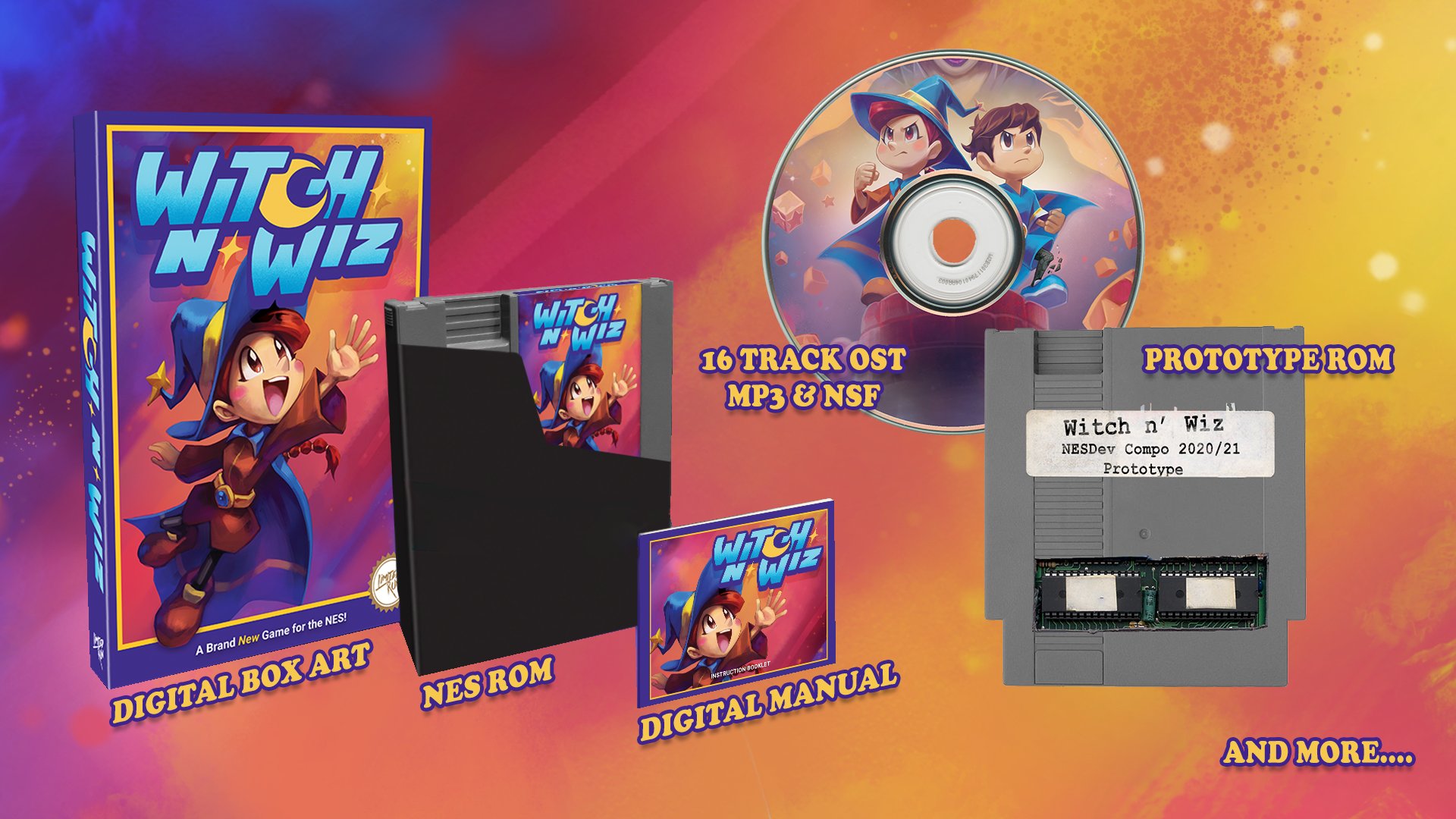 Marketing image shows Witch n' Wiz digital collection which includes: digital box art, nes rom, digital manual, original soundtrack in MP3 and NSF formats, a Prototype ROM, and more...