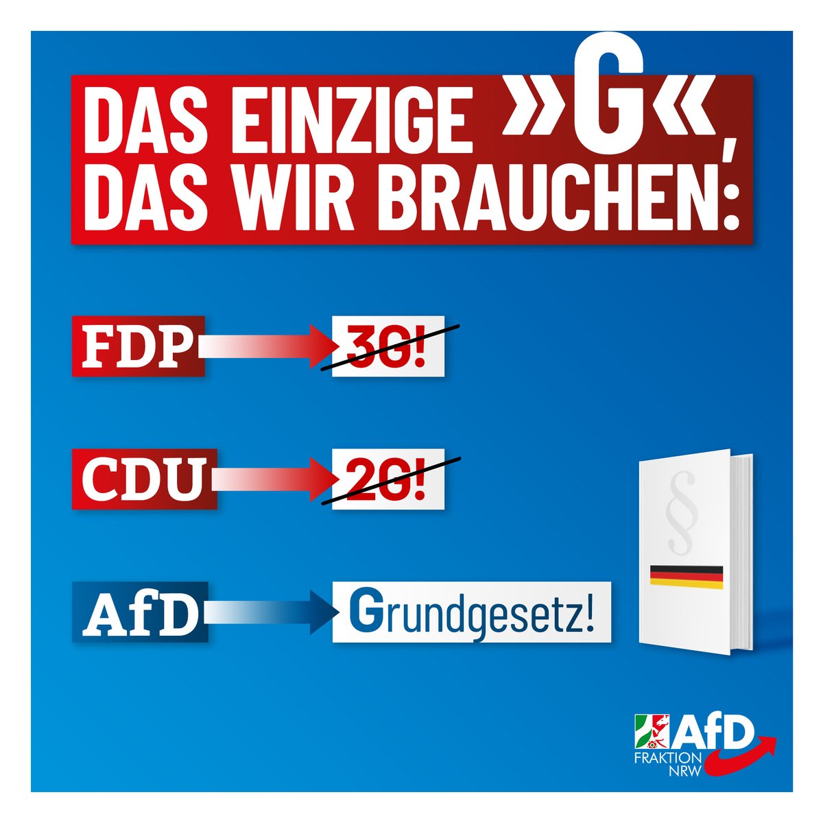 Das einzige „G“, das wir brauchen ist unser Grundgesetz! 

#AfD #LtNRW #2G #3G #Neuinfektionen #Lockdown
