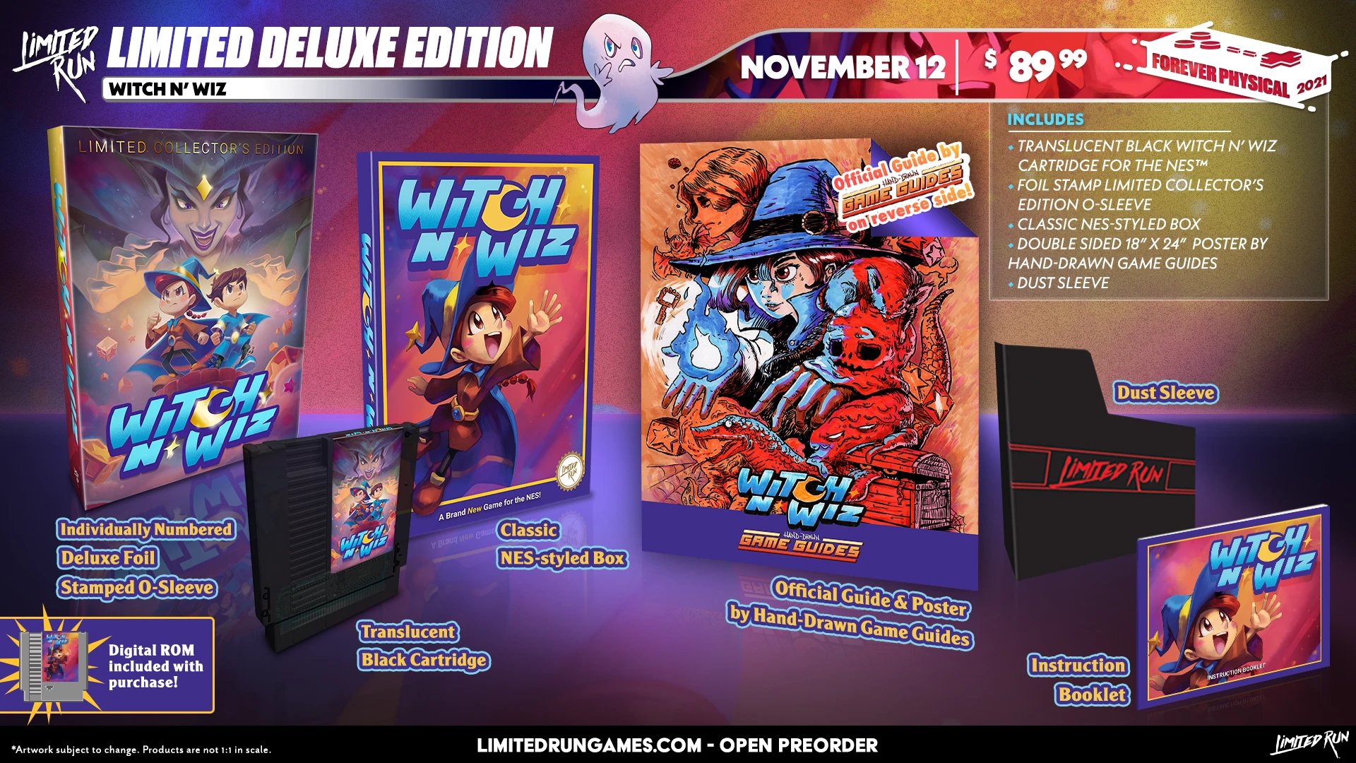 Marketing image shows Witch n' Wiz physical Deluxe version and preorders open November 12th at limitedrungames.com. Image shows prices of $89.99. Includes Individually numbered deluxe foil stamped o-sleeve, translucent black cartridge, classic nes-styled box, official guide & poster by hand drawn game guides, dust sleeve, and instruction booklet.