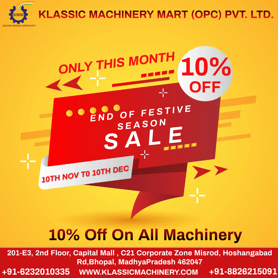 KlassicMachines's tweet photo. END OF FESTIVE SEASON OFFER LIKE NEVER BEFORE
--------
Get Flat 10% Off On MRP Of Machines &amp; also avail 50% down payment and rest 50% payment in easy equal installments without any interest.

Contact us: +91 6232010335/ 8826215091

#EndOfSeasonSale  #FestiveSeason #discountoffer https://t.co/BmLLvxsJe1