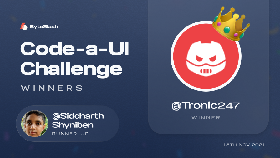 ByteSlashHQ's tweet photo. And we have our 👑 𝐌𝐚𝐬𝐭𝐞𝐫 𝐂𝐨𝐝𝐞𝐫 for this week, @rgedit0! Massive congratulations on winning the Code-a-UI.

Also special congo to the runner-up @SiddharthShyn, and thanks to all the participants! It was indeed a tough fight https://t.co/Hr5OZcrHWi