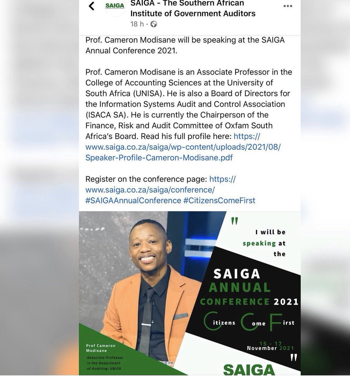 DrCamModisane's tweet photo. The SAIGA Conference 2021 kicks off today! Looking forward to sharing with fellow auditors and accountants in the profession! @SAIGA8828 #CitizensComeFirst #SAIGAConference2021 https://t.co/xpx86EGMTK