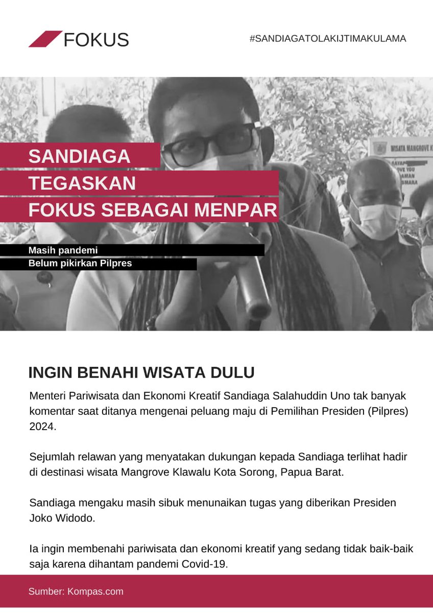 mahendra739's tweet photo. Kita juga berharap agar Sandiaga Uno bisa fokus bekerja sebagai Menteri Pariwisata, jangan melakukan pencitraan dan berpolitik secara praktis, agar kekhawatiran akan polarisasi dengan menggunakan isu SARA tidak terjadi.

#SandiagaTolakIjtimaUlama https://t.co/ynESt9c0to
