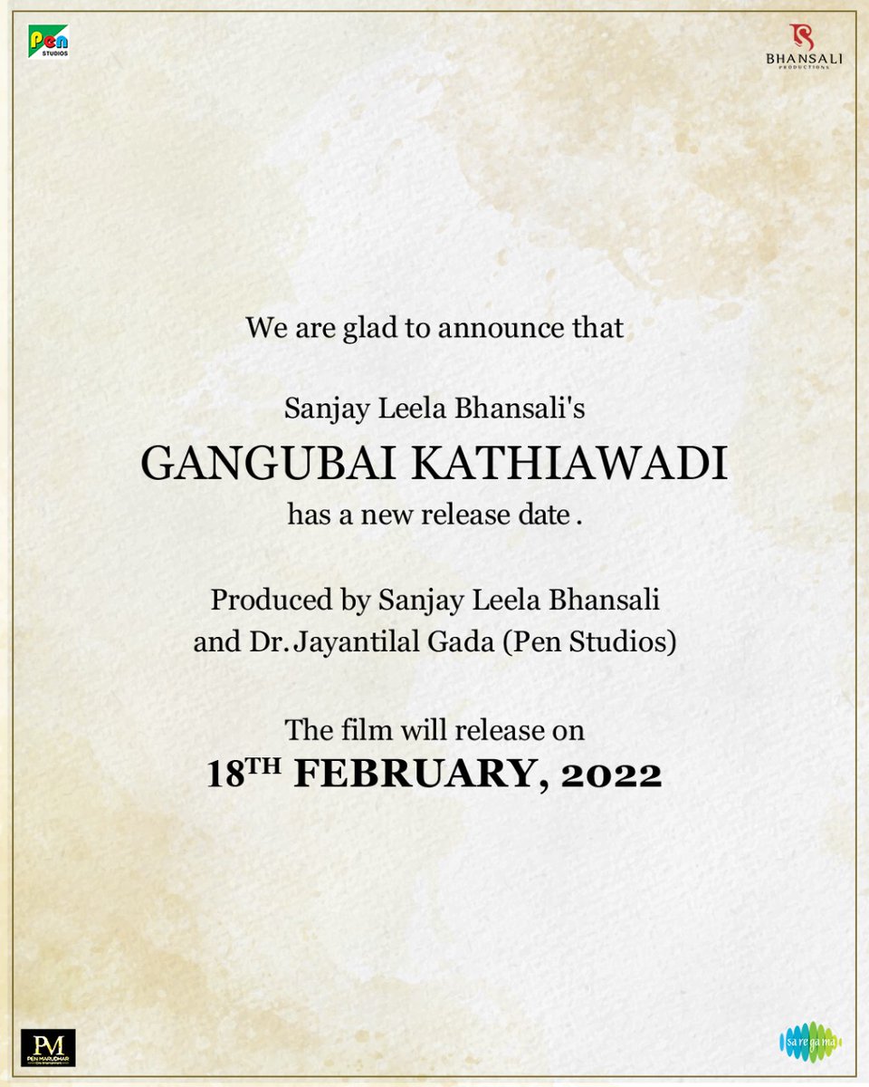 NEW RELEASE DATE OF 'GANGUBAI KATHIAWADI': 18 FEB 2022... #SanjayLeelaBhansali's #GangubaiKathiawadi - starring #AliaBhatt and #AjayDevgn - to release on 18 Feb 2022... Produced by Sanjay Leela Bhansali and Jayantilal Gada.