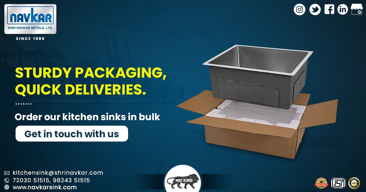 Are you in need of strong and durable kitchen sinks? Place your bulk orders with us and enjoy prompt deliveries and sturdy packaging.
Contact us today.
Shri Navkar Metals Limited
Contact No. 7203051515