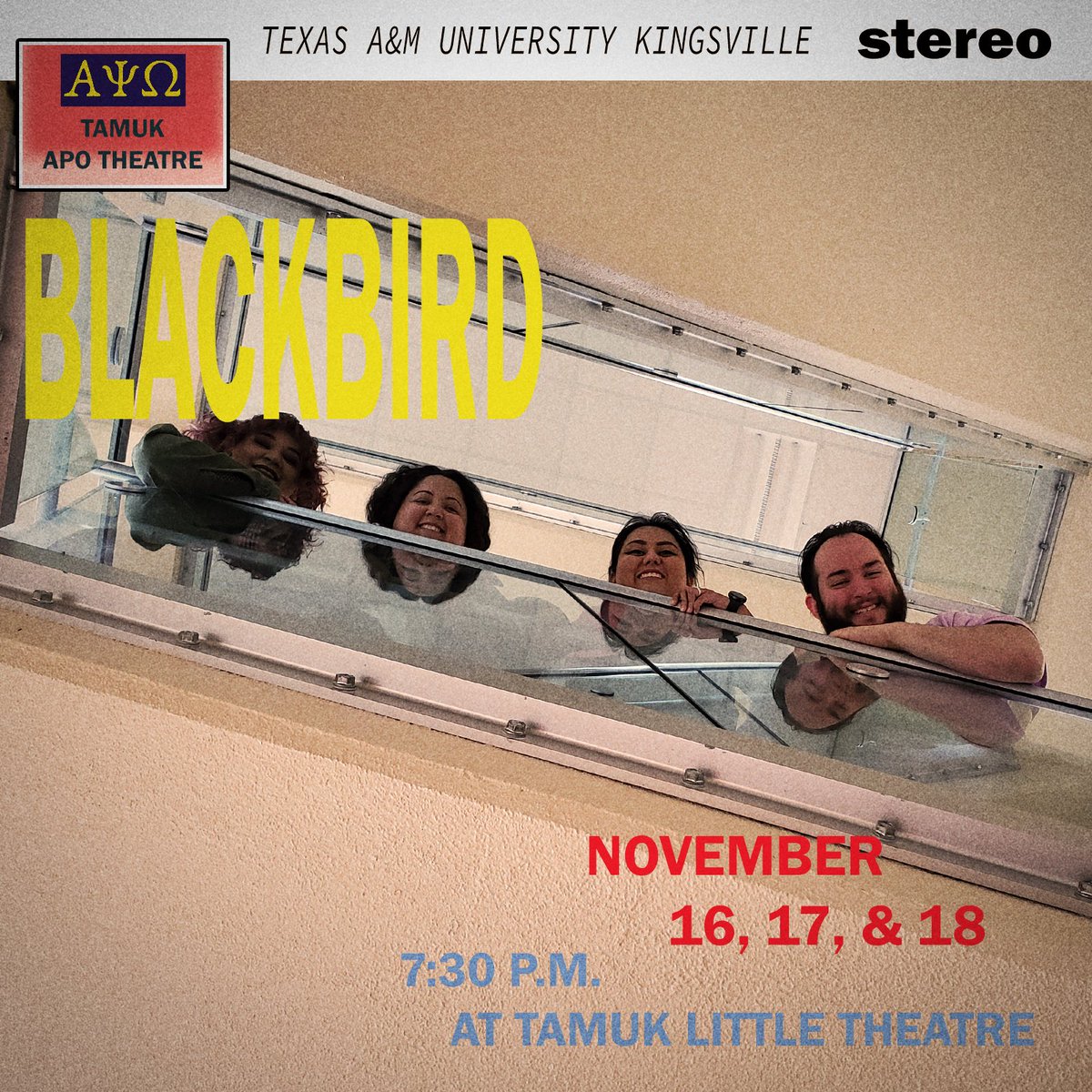 APOTAMUK's tweet photo. Blackbird opens tomorrow! Original play by @RobinatorT1000, Show dates: Nov 16, 17, &amp; 18, 7:30pm at Little Theatre, Texas A&amp;M University Kingsville. Recommended Ages 18+ @JavelinaNation  #apotamuk #tamuktheatre #tamuk #tamukblackbird #thebeatles Cover created by @Edgarronii https://t.co/Moh51G4Fbc