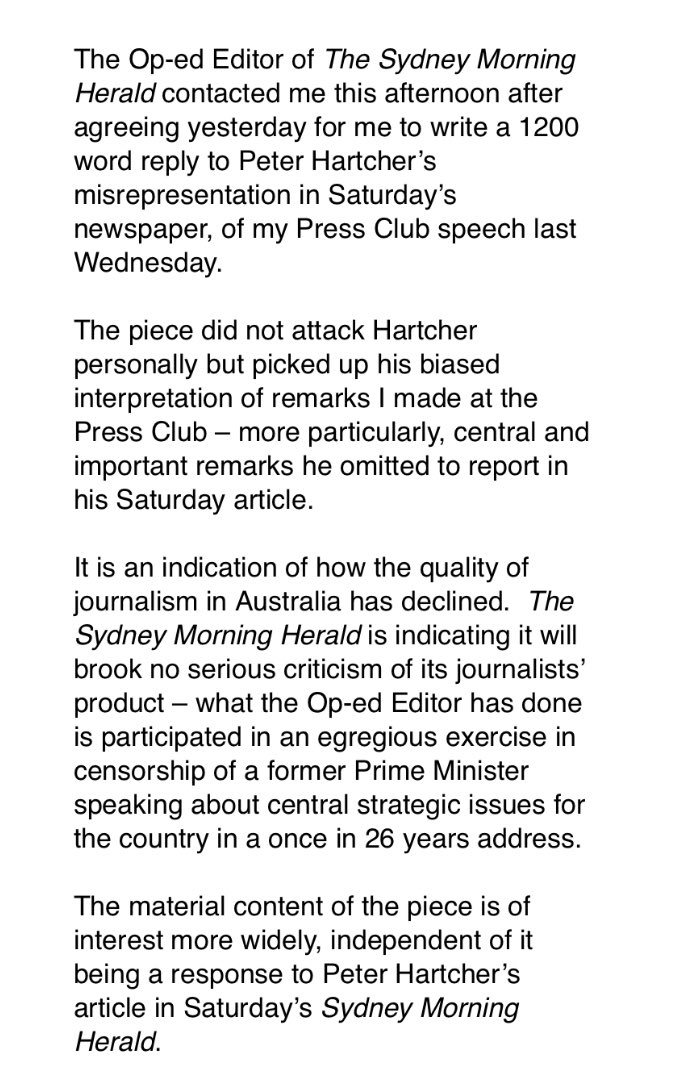 TroyBramston's tweet photo. Statement by Paul Keating who has been censored by @smh. It was agreed he would write an article in response to Peter Hartcher’s piece slamming him on Saturday for his China-Taiwan comments at the NPC, but they have refused to run it. #auspol https://t.co/m8hxuhLjCT