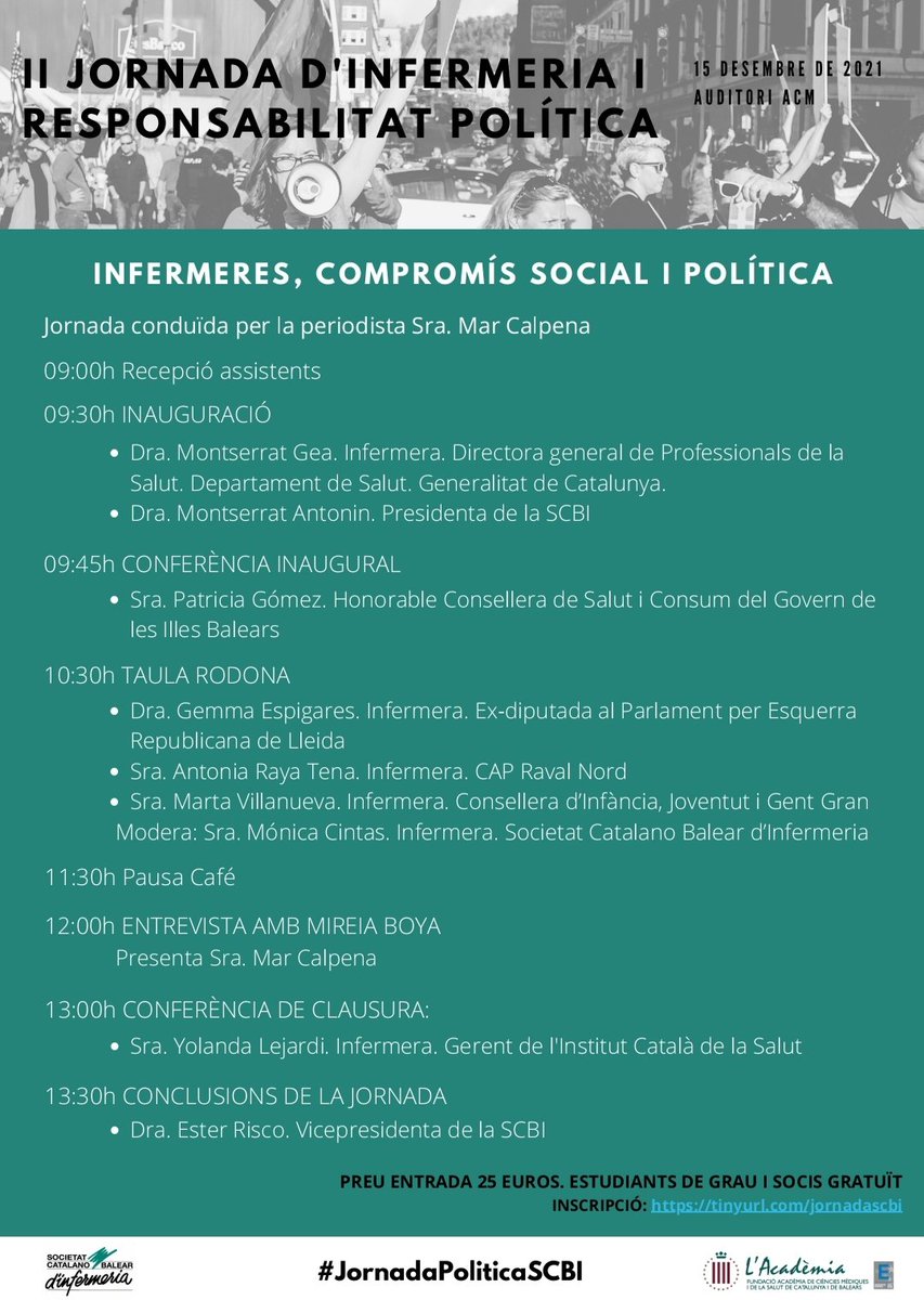 SCBInfermeria's tweet photo. 🗓️ El proper 15 de desembre, de 9 a 14h, organitzem la II Jornada d'Infermeria i Responsabilitat Política #SCBI

📍Infermeres, compromís social i política

No t'ho perdis! Ara, més que mai, #JornadaPoliticaSCBI 

Inscripció a:
https://t.co/AUIMJGiXS8 https://t.co/E267WqO0PR