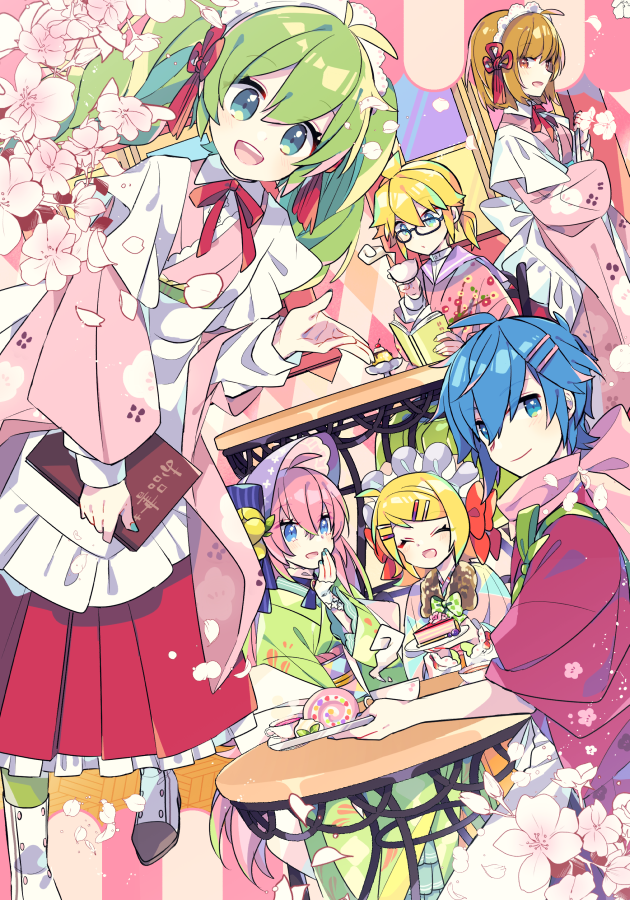 鏡音レン ,鏡音リン ,カイト(ボーカロイド) ,巡音ルカ ,メイコ(VOCALOID) 「#着物の日 」|由杞のイラスト