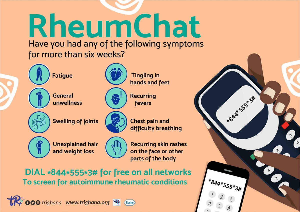 trighana's tweet photo. Have you had these symptoms for more than six weeks without a diagnosis? Dial 884*555*3#
For more information go to https://t.co/EV6S2NlCzu
@trighana on all social media handles
#RheumChat #HaveYouHeard
#Tri2Hope #TRI #TRIGhana #AutoImmuneAwareness #AutoImmune #HEARDCampaign https://t.co/9lGCGtfuKv