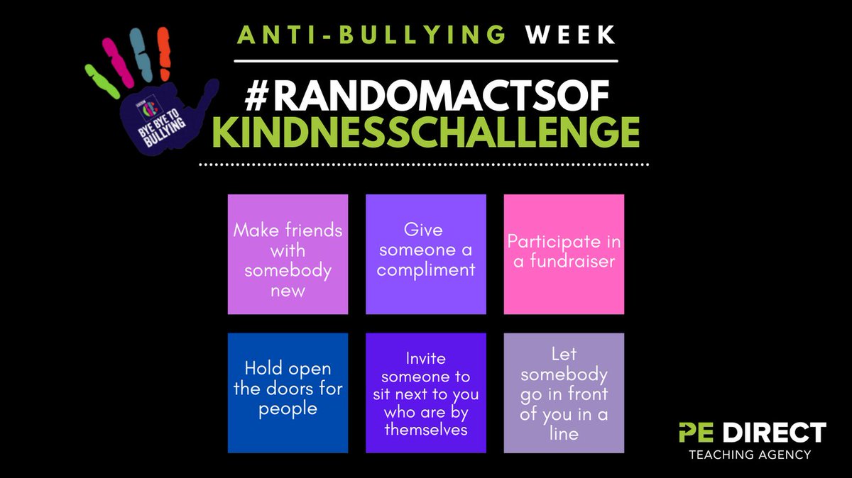 pedirect_'s tweet photo. IT'S ANTI-BULLYING WEEK 2021 . 15TH - 19TH NOVEMBER!
Introducing our #RandomActsOfKindnessChallenge our Kindness Project that challenges our staff to help embed anti-bullying culture with their pupils! https://t.co/03ErhmJCWY
