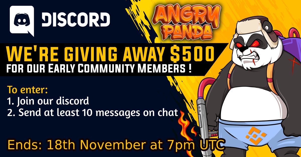 ⏰ Reminder: Our Discord giveaway is still on going ...
⚠️ Still 3 days left to participate!
To join 👉🏻discord.gg/angrypanda
#BSC  #BSCGems #BSCnft #NFTGiveaways