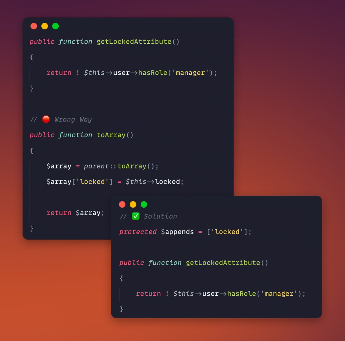 Use $appends to include properties in the array representation of your model