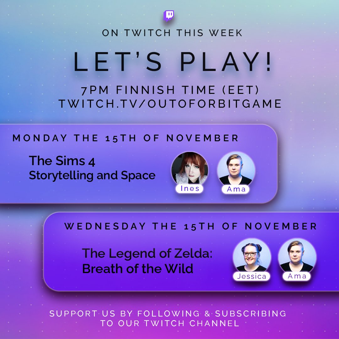 beyondplayfi's tweet photo. Join us on our Twitch channel Mon &amp; Wed this week for some great let’s play -vibes and game talk. We’re going live on both days at 7PM Finnish time (EET)! https://t.co/GeaRAk53jN 
#twitch #stream #streaming #beyondplay #outoforbit  #game #games #sims4 #sims #zelda #legendofzelda https://t.co/BLbVy0AjUN