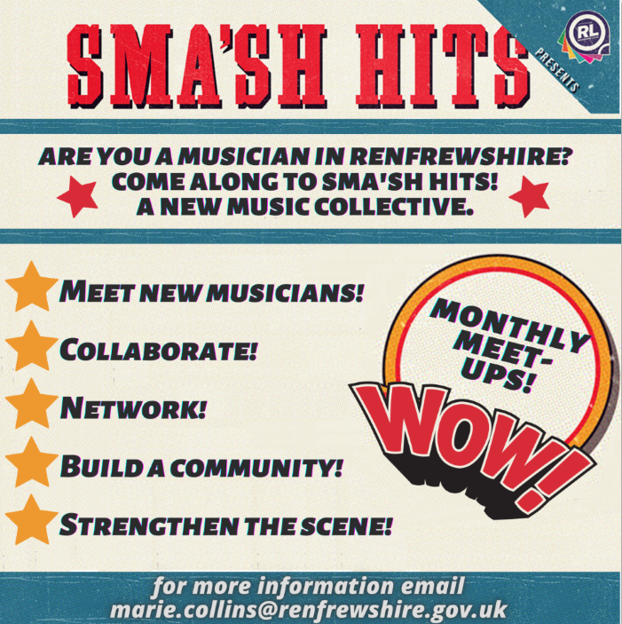 onerenculture's tweet photo. Have you booked your space yet for the upcoming Sma'sh Hits meet up? 🎶

Sma’sh Hits is a collective of musicians in and around Renfrewshire, aimed at providing an opportunity for creatives to come together.

Weds 17th Nov, 6-8pm online. Book space here 👉 https://t.co/Fb3ELiXtNk https://t.co/VMuNORnIbR