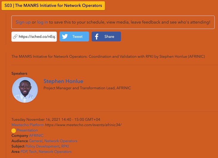 Don’t miss this session tomorrow when I will be discussing on Routing Security…
<a href="/AFRINIC/">AFRINIC-The Regional Internet Registry for Africa</a> 
<a href="/RoutingMANRS/">MANRS</a>