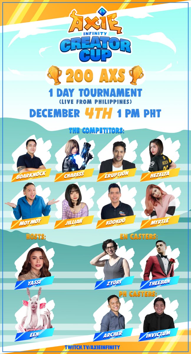 Axie Infinity (@axieinfinity) on Twitter photo Announcing the Axie Infinity Creator Cup:
8 content creators will battle it out for 200 AXS in prizes on December 4th, from a live studio event in the Philippines!
EN Hosts: <a href="/eenmercado/">Een</a> <a href="/Yassizzle/">Yassi Pressman</a>
EN Casters: <a href="/ZyoriTV/">Andrew Campbell</a> @1437_MT8 Announcing the Axie Infinity Creator Cup:
8 content creators will battle it out for 200 AXS in prizes on December 4th, from a live studio event in the Philippines!
EN Hosts: <a href="/eenmercado/">Een</a> <a href="/Yassizzle/">Yassi Pressman</a>
EN Casters: <a href="/ZyoriTV/">Andrew Campbell</a> @1437_MT8