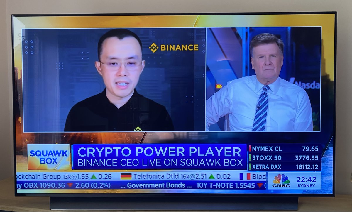 binance's tweet photo. .@cz_binance is live on @SquawkCNBC! #Binance https://t.co/gmgTnFdMWQ