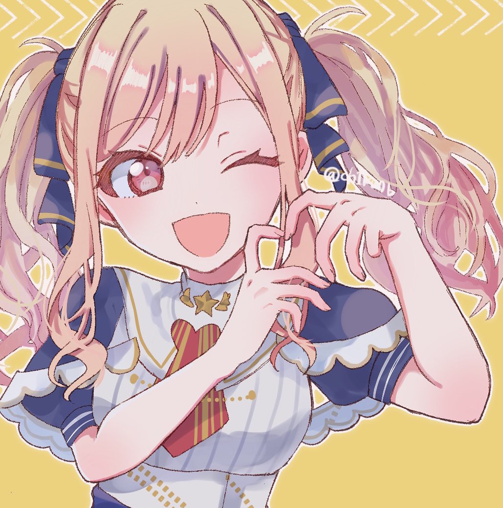 one eye closed heart hands heart solo twintails smile 1girl  illustration images