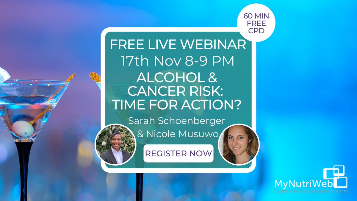 MyNutriWeb's tweet photo. It's #AlcoholAwarenessWeek 🍷 🍾

To support the week, we're hosting a webinar with @WCRF @nicole_musuwo @UK_AHA, chaired by @Rosie_Long -the latest evidence into alcohol &amp; #cancer

@RachelC_Nutr @wcrfint

✔️ 60 min free CPD, @AfN_UK_ approved

Sign up: https://t.co/Q2vfugx2Pg https://t.co/ym1sLVBrwJ
