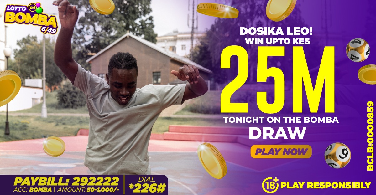 StandardKenya's tweet photo. Start the week BOMBASTIC! 
Play Now and be the NEXT winner!
Send 50-1000 to Paybill 292222 A/c BOMBA 
10% of Every ticket purchased goes to support the Olympics TEAM KENYA!
Play and win up to 25M tonight!
Play online
https://t.co/nN8cThQiUC
#Paris2024
#50yearsofwinning
@KCS_Kenya https://t.co/DQs2u8r6Yh