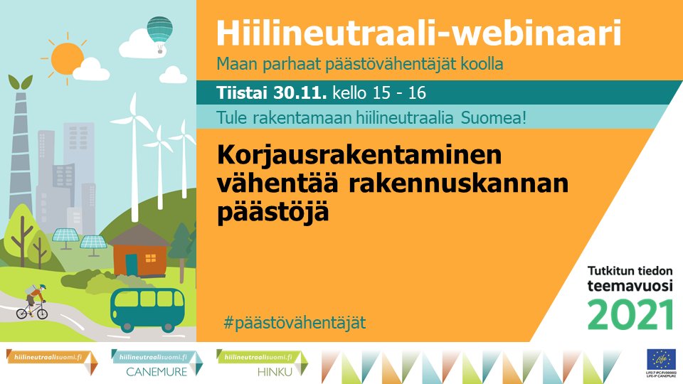 Hiilineutraali-webinaarissa ti 30.11. klo 15 kuullaan Lahden ja Helsingin ratkaisuja ja oppeja olemassaolevan rakennuskannan energiatehokkuuden parantamiseen liittyen. Tervetuloa! hiilineutraalisuomi.fi/fi-FI/Ajankoht… #päästövähentäjät #HiilineutraaliSuomi #Canemure #energiatehokkuus <a href="/SYKEinfo/">Suomen ympäristökeskus</a>