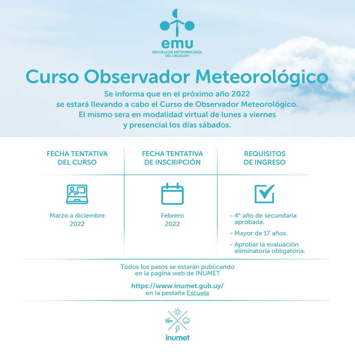 Inumet_'s tweet photo. El curso es GRATUITO,  por consultas mail  observadorescurso@inumet.gub https://t.co/ecAwQzx0l3