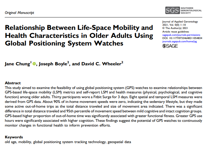 SGS_JAG's tweet photo. "Relationship Between Life-Space Mobility and Health Characteristics in Older Adults Using Global Positioning System Watches" just published! Learn more: https://t.co/ERWj0jIa2Y
#mobility #agingtechnology #agingtech https://t.co/siIQAuM8I3