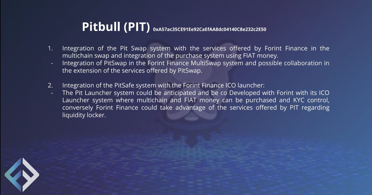 📢 #PITBULL has been listed on #SWAPPY, one of the easiest, fastest &amp; cheapest MULTICHAIN swapping platform, by #ForintFinance

Swap➡️forintfinance.com/forint_swap.php

$PIT Integration of purchasing with FIAT

TG➡️t.me/ForintFinance

#BlockchainGaming #Crypto  #teamwork #Partnership