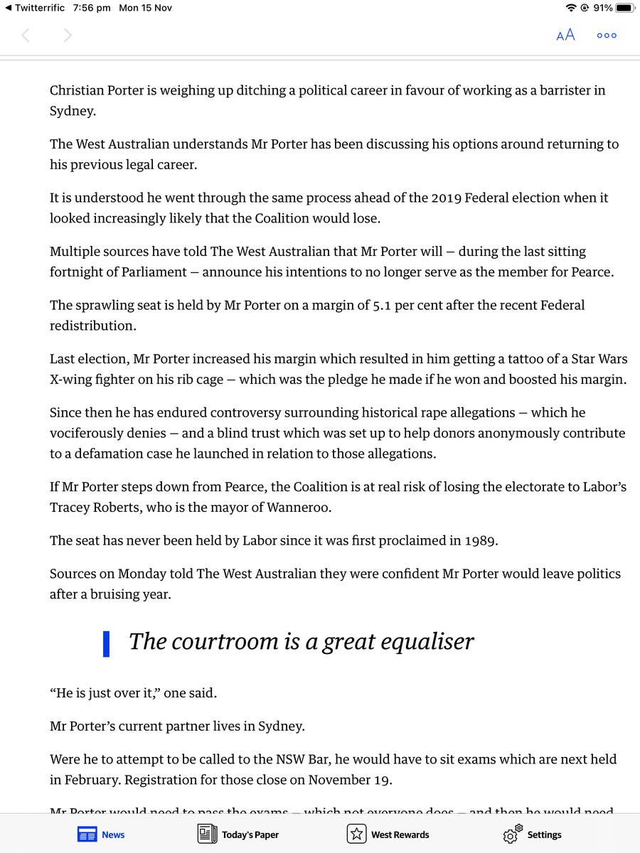 Trixie_Boo's tweet photo. Christian Porter tipped to ditch politics and practise law in Sydney. Of course he’ll take the coward’s way out. #PearceOff https://t.co/CaL540uMtH