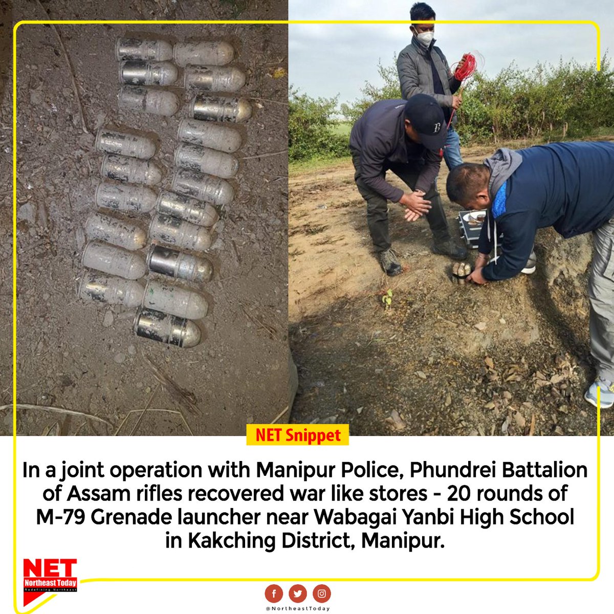 NortheastToday's tweet photo. #Manipur | In a joint operation with Manipur Police, Phundrei Battalion of Assam rifles recovered war like stores - 20 rounds of M-79 Grenade launcher near Wabagai Yanbi High School in Kakching District, Manipur.
#NetSnippet #Manipurpolice #Hugecache #recovered #Kakchingdistrict https://t.co/ldLh6zlxBi