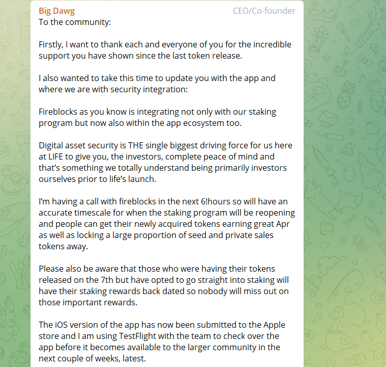 AsatBest's tweet photo. @LIFElabsHQ @woofBIGDAWG @microman2020 @Max_Tortola 
Another update from the CEO of $LIFE

The iOS version of #LIFEapp has just been submitted to the Apple store. Big top-tier 1 exchanges are on the way. $LIFE has set aside in excess of $250,000 for marketing over the next month. https://t.co/I56hmnUVnr