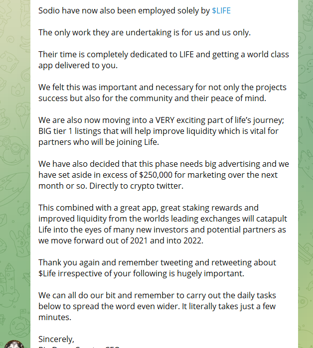AsatBest's tweet photo. @LIFElabsHQ @woofBIGDAWG @microman2020 @Max_Tortola 
Another update from the CEO of $LIFE

The iOS version of #LIFEapp has just been submitted to the Apple store. Big top-tier 1 exchanges are on the way. $LIFE has set aside in excess of $250,000 for marketing over the next month. https://t.co/I56hmnUVnr