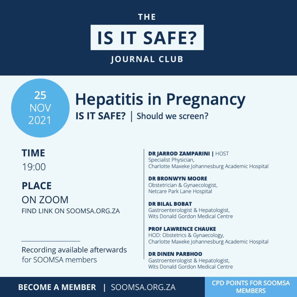 SOOMSA (@obstetricmedsa) on Twitter photo Join us next week for our final journal club for 2021! We’ve put together an amazing panel to discuss #hepatitis in #pregnancy.
<a href="/JZamps/">Jarrod Zamparini</a> <a href="/bilalbobat/">Bilal Bobat</a> <a href="/WitsHealthFac/">Wits Faculty of Health Sciences</a> <a href="/Cmjah_GIT/">CMJAH Gastro</a>
Open to all! CPD for SOOMSA members. Join us next week for our final journal club for 2021! We’ve put together an amazing panel to discuss #hepatitis in #pregnancy.
<a href="/JZamps/">Jarrod Zamparini</a> <a href="/bilalbobat/">Bilal Bobat</a> <a href="/WitsHealthFac/">Wits Faculty of Health Sciences</a> <a href="/Cmjah_GIT/">CMJAH Gastro</a>
Open to all! CPD for SOOMSA members.
