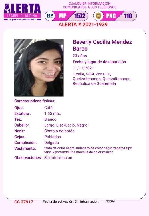 stereo100xela's tweet photo. #ServicioSocialXela | Activan Alerta Isabel Claudina para la localización de Beberly Cecilia Mendez Barco, quien fue vista por última vez en la 1a. Calle de la zona 10 de Quetzaltenango.

Cualquier información comunicarse al 1572 del MP.

Vía Ruben Jocol. https://t.co/BbgqyBDWOz