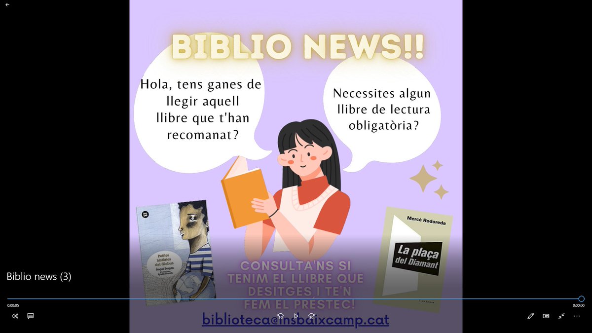 Biblioteca INS Baix Camp. Tens ganes de llegir aquell llibre que  t'han recomanat?
Necessites algun llibre de lectura obligatòria?
Consulta'ns si tenim el llibre que desitges i te'n fem el préstec! escriu a biblioteca@insbaixcamp.cat