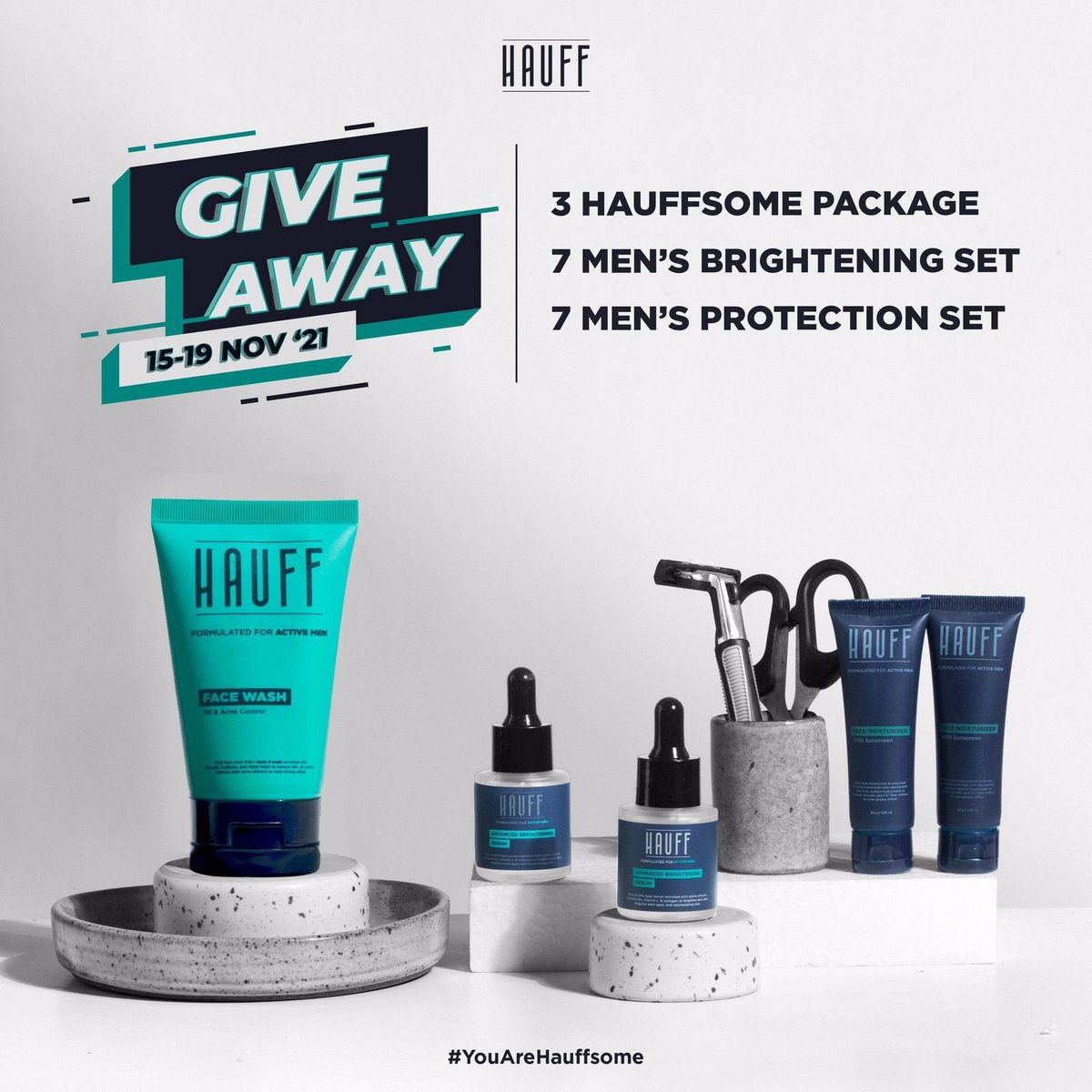 GIVEAWAY HAUFF x @TheMenNeeds 

‼️ Ada 17 package Hauff total worth up to 4jt+++ buat 17 orang pemenang! ‼️

Rules:
- Follow <a href="/hauffmenID/">HAUFF | Skincare for Men</a> &amp; @TheMenNeeds 
- Retweet &amp; Like tweet ini
- Reply tweet ini dengan #YouAreHauffsome

Close 19 Nov 2021! Goodluck guys😎