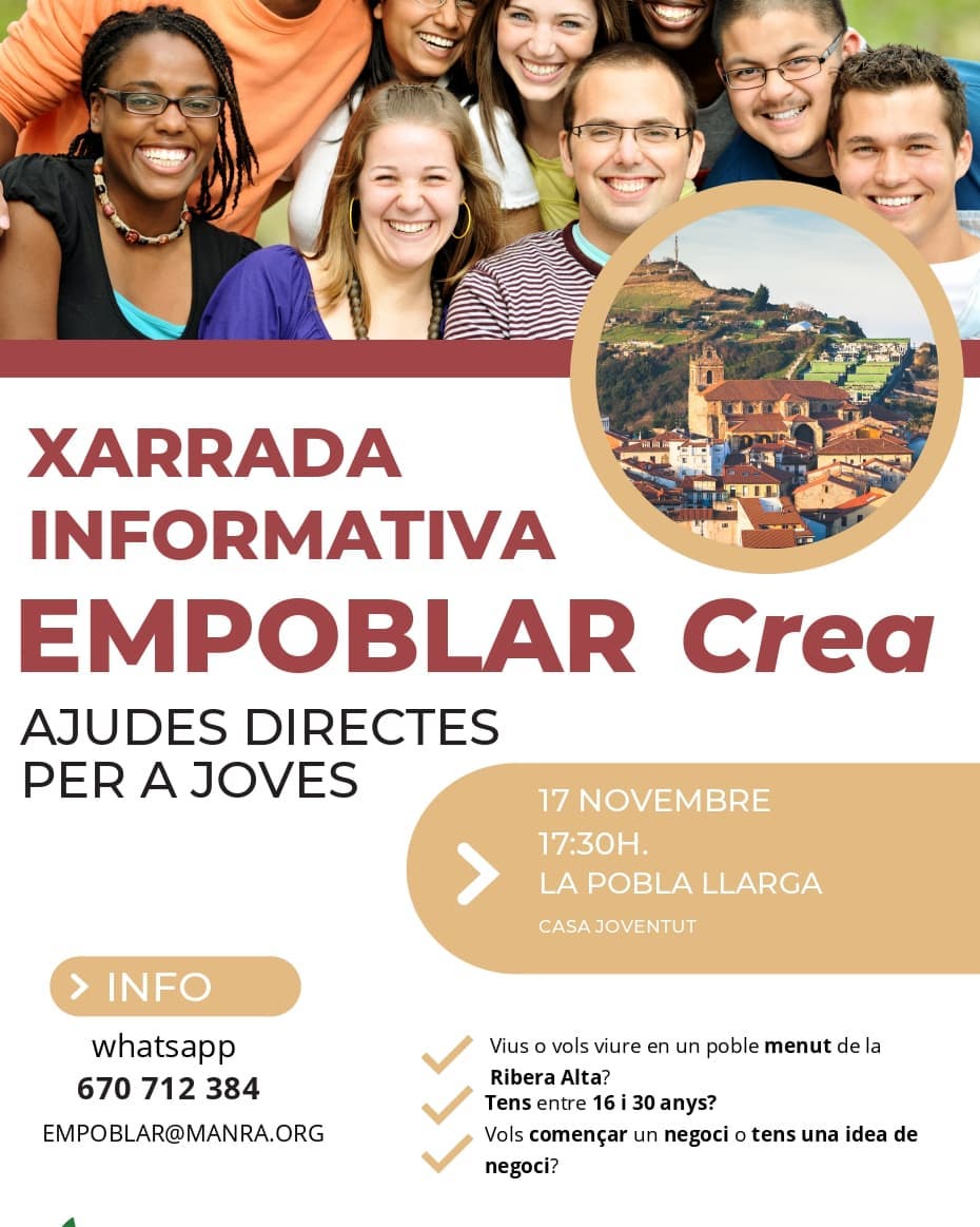 Xarrada informativa del PROJECTE EMPOBLAR

Ajudes directes per a joves de 16 a 30 anys‼️

🗓️Dimecres 17 de novembre
🕣17:30h
👉🏻Casa de la Joventut de la Pobla Llarga

@mancomunitatriberaalta

#Empoblar #JovesRiberaAlta #Nousprojectes #Iniciatives #Crear #Empoderament #