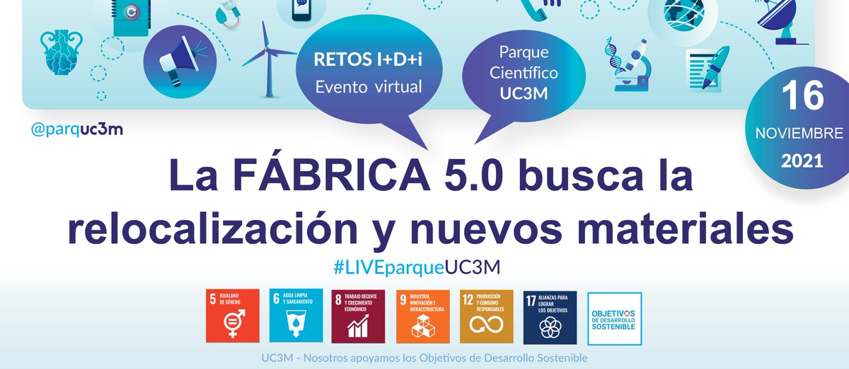 Parque Científico UC3M (@parquc3m) on Twitter photo Evento de Retos en I+D+i 2021: La #Fábrica 5.0 busca la relocalización y nuevos materiales
Con #investigadoresUC3M y representantes de las empresas @AscensoresOtis, <a href="/nanoker/">NANOKER RESEARCH</a> y #AEQ
Inscripciones (𝗵𝗼𝘆 𝘂𝗹𝘁𝗶𝗺𝗼 𝗱𝗶𝗮): aplicaciones.uc3m.es/formulario/jor…
➡️ eventos.uc3m.es/73209/detail/r… Evento de Retos en I+D+i 2021: La #Fábrica 5.0 busca la relocalización y nuevos materiales
Con #investigadoresUC3M y representantes de las empresas @AscensoresOtis, <a href="/nanoker/">NANOKER RESEARCH</a> y #AEQ
Inscripciones (𝗵𝗼𝘆 𝘂𝗹𝘁𝗶𝗺𝗼 𝗱𝗶𝗮): aplicaciones.uc3m.es/formulario/jor…
➡️ eventos.uc3m.es/73209/detail/r…
