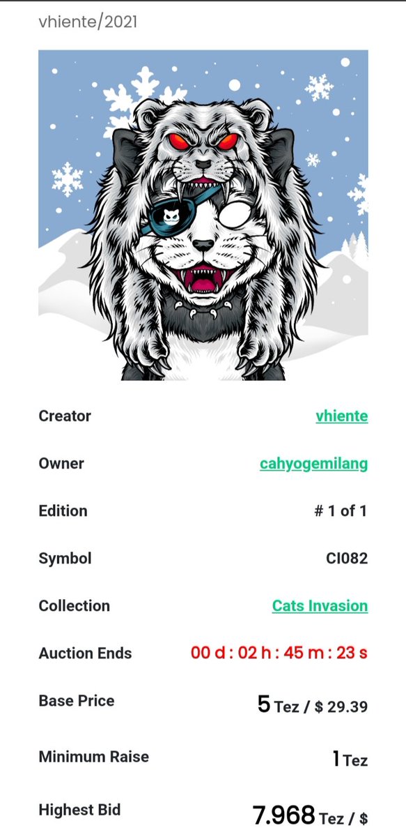 CactusBoyCl's tweet photo. 2 hours left before the auction end, grab this amazing cat from #Catinvasion by @vhiente_ ,and be the master,
Only on @kalamint_io
Check it here...
https://t.co/eCuMJThpo2
#nftcollector #NFTauctions #tezos $XTZ #ColectibleNFT #NFTcollection https://t.co/72yR3FCVM6