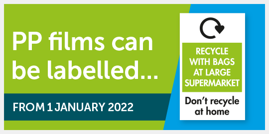 Image of packaging label 'Recycle with bags at large supermarket; don't recycle at home' with headline PP films can be labelled....... from 1 January 2022