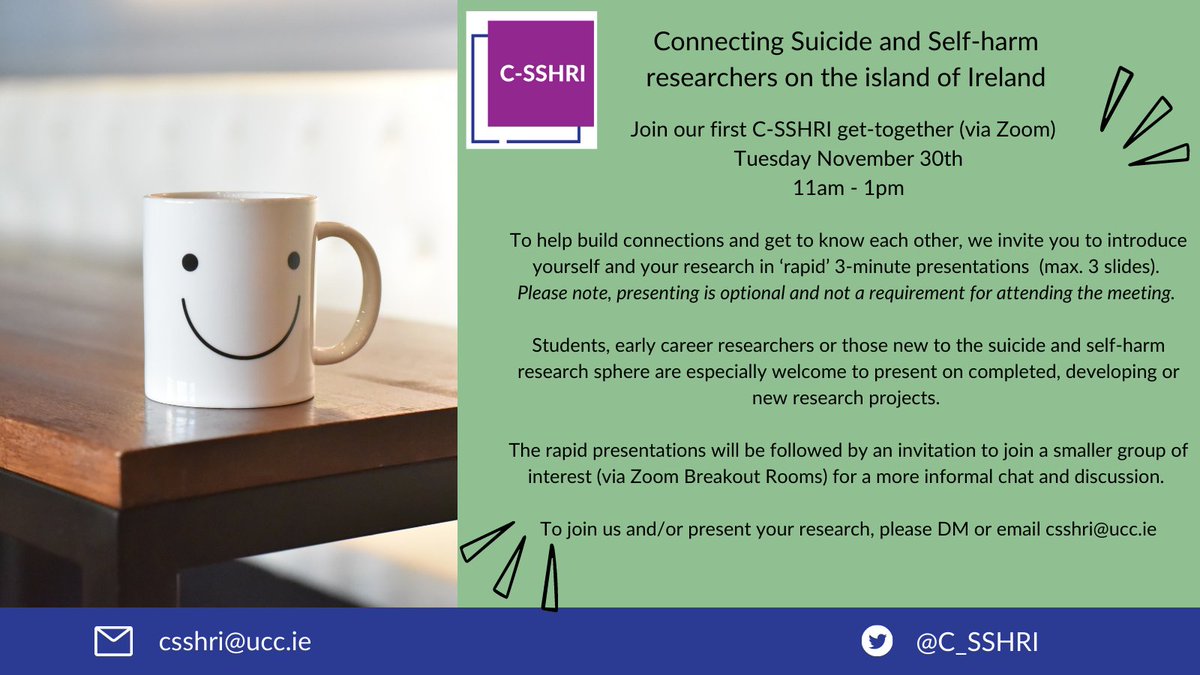 c_sshri's tweet photo. Join our first C-SSHRI (virtual) get-together π»βοΈ Tuesday Nov 30th, 11am - 1pm. New members welcome, please email csshri@ucc.ie #suicideresearch #selfharmresearch #Collaboration https://t.co/yPNLfTCB6Q