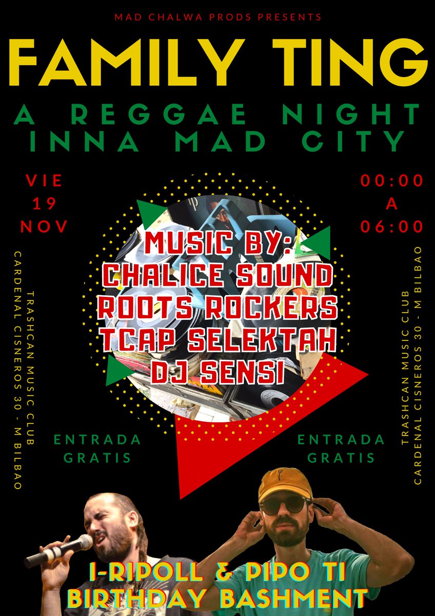 Este #viernes no te lo puedes perder!!!
#FamilyTing LS #RoootsRockers <a href="/ELOIYEBRA/">TCAP LEVIATAN</a> #DjSensi #ChaliceSound
<a href="/ripollreggae/">Ripoll Reggae</a> &amp; <a href="/Pipotimusic/">Pipo Ti</a> #Birthday #Bashment
🚨🚨🚨🚨🚨🚨🚨
Vi 19 Nov <a href="/Trashcanmusic/">Trashcan Music</a> 
#gratis #free #madrid #madcity #family #party #fiesta #friday #trashcanmusicclub