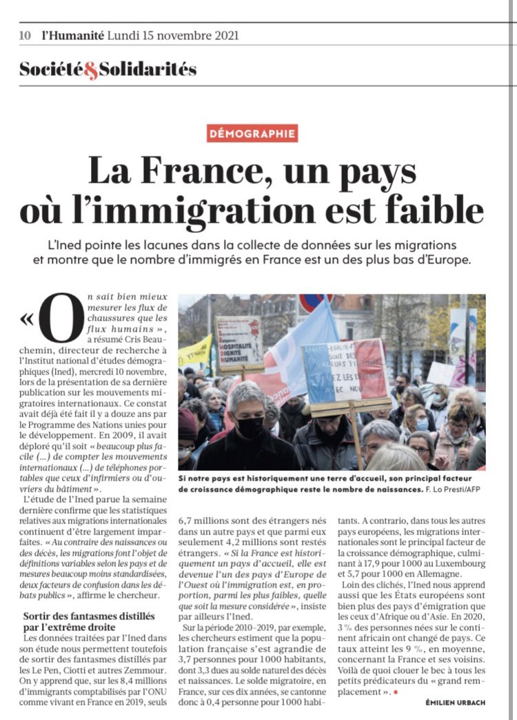 Le mythe du grand remplacement. Sur la période 2010/2019 les chercheurs de l’INED estiment que la population française s’est agrandie de 3,7 pour 1000 habitants dont 3,3 dues au solde naturel. Le solde migratoire sur la période est de 0,4/1000. À chaque fois les racistes mentent.