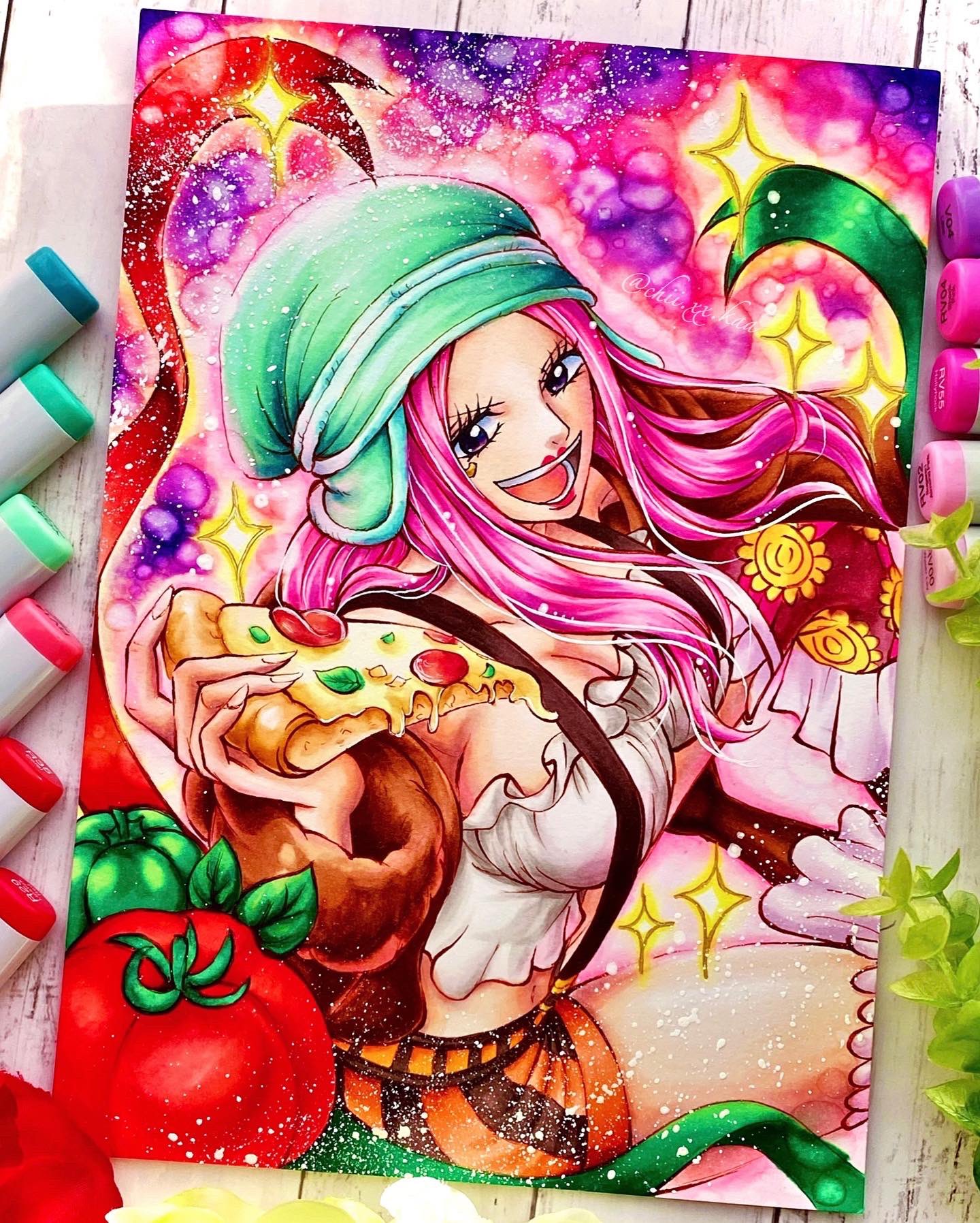 Chii Xx Kaa ちか イラスト ハンドメイド作家ꕥふるーる ジュエリーボニー ピザが美味しそうに描けた 背景とかリボンとかトマトは 勝手に描き足したよ トマトとピーマンに見えるかな ワンピース ボニー ジュエリーボニー