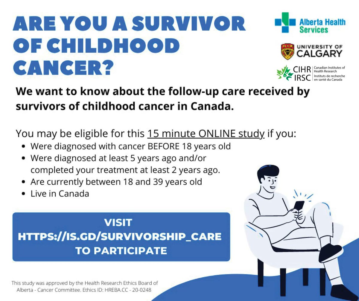 🚨 #ChildhoodCancer #Research 🚨 Are you a survivor of childhood #cancer? 🇨🇦 Our research team, led by @SchulteFiona, would like to hear from you!! Please consider participating in this brief survey 👇 bit.ly/3ooZuN8